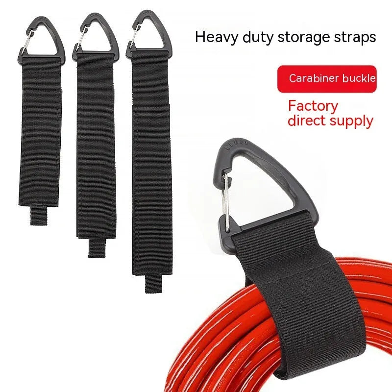 Black heavy-duty gravity storage strap with metal carabiner hook for garages and outdoor travel