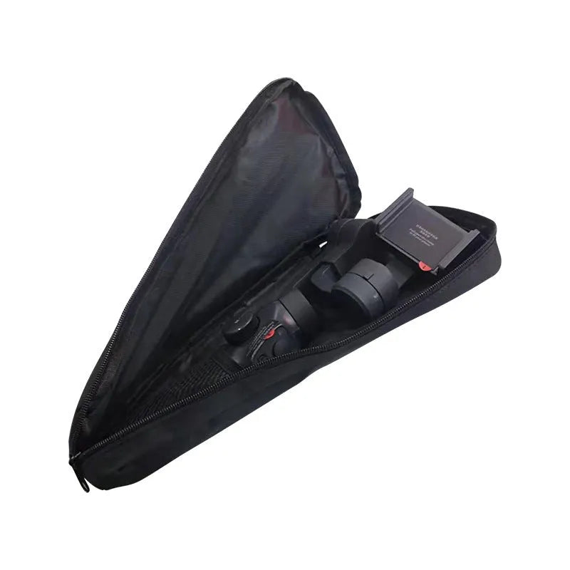 Black cloth storage bag for mobile phone stabilizer accessories with gimbal components inside