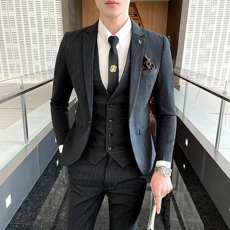 Slim fit British style men's business suit in black or dark grey cotton blend fabric