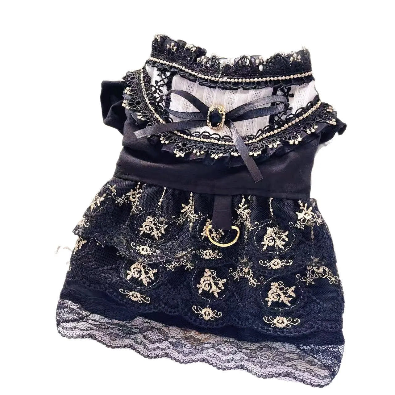 Golden gothic princess style skirt for a small dog or cat on a mannequin.