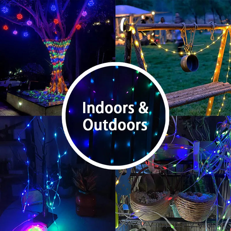 10 metre long LED festival light string with 100 warm white bulbs coiled on a table next to its remote control.
