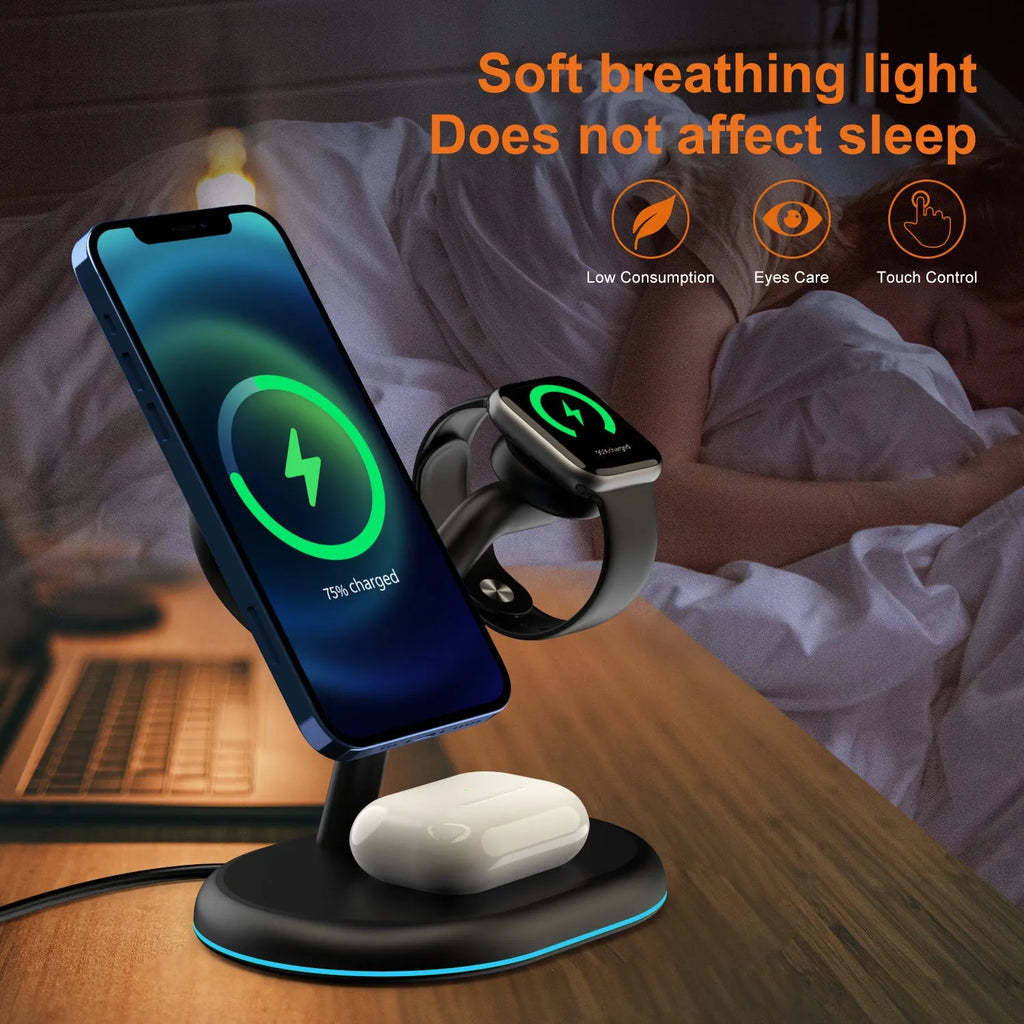Black magnetic wireless charger with power bank and phone stand functions