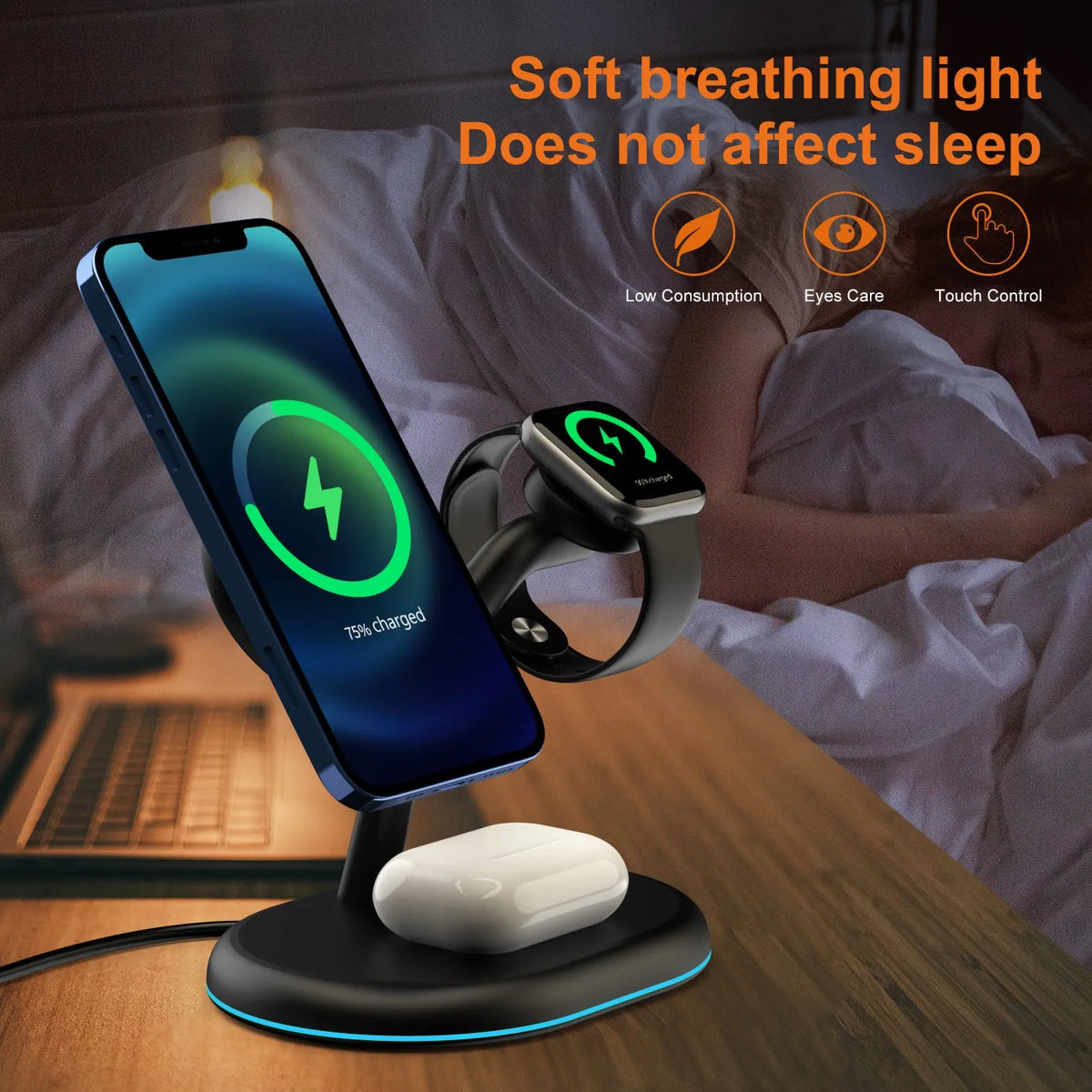 Black magnetic wireless charger with power bank and phone stand functions
