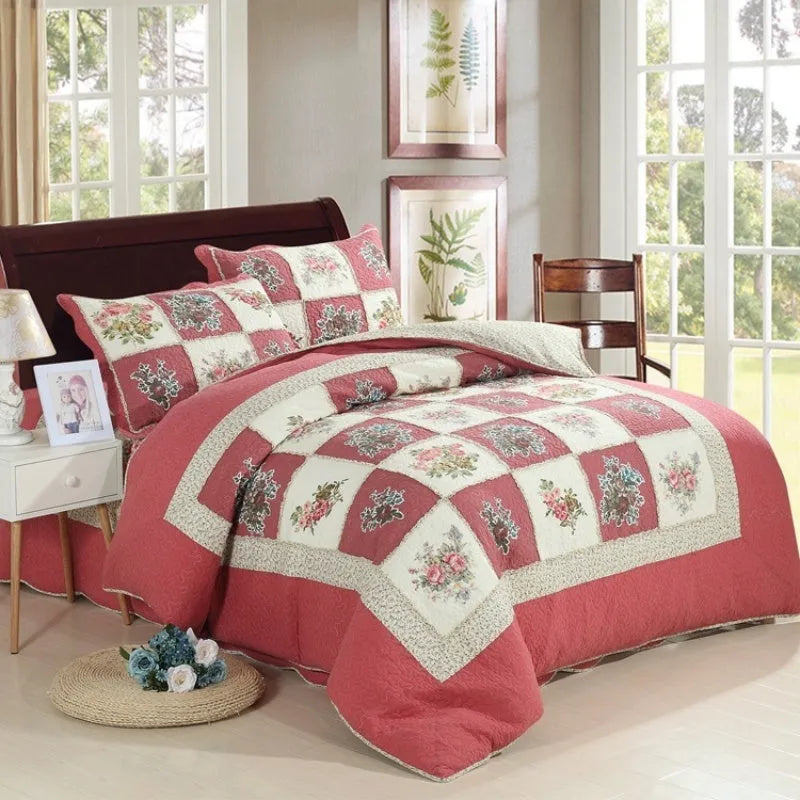 Pure cotton quilted bedspread three-piece set with pillowcases on a bed