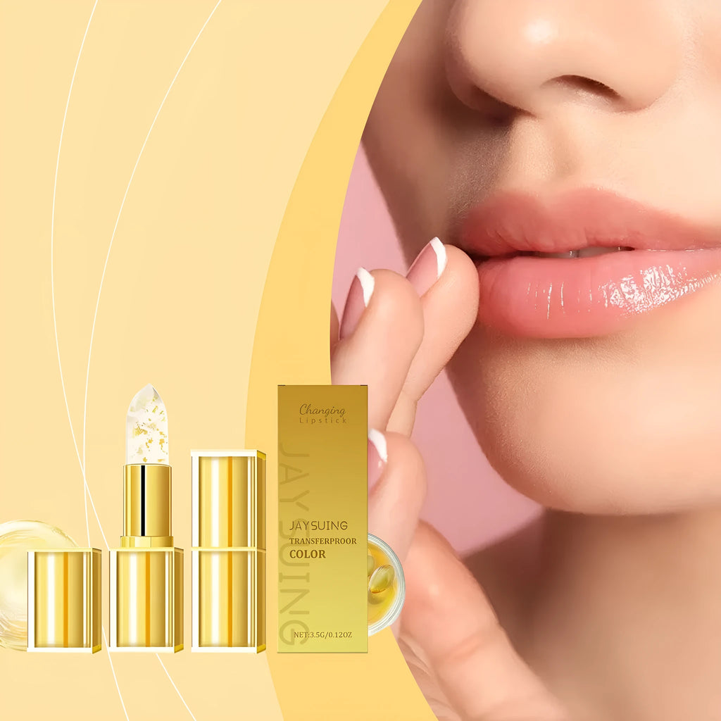 Gold packaging of 3.5g nourishing lipstick with hyaluronic acid and vitamin E