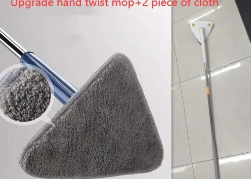 Blue extendable triangle cleaning mop with rotating head on stainless steel pole.