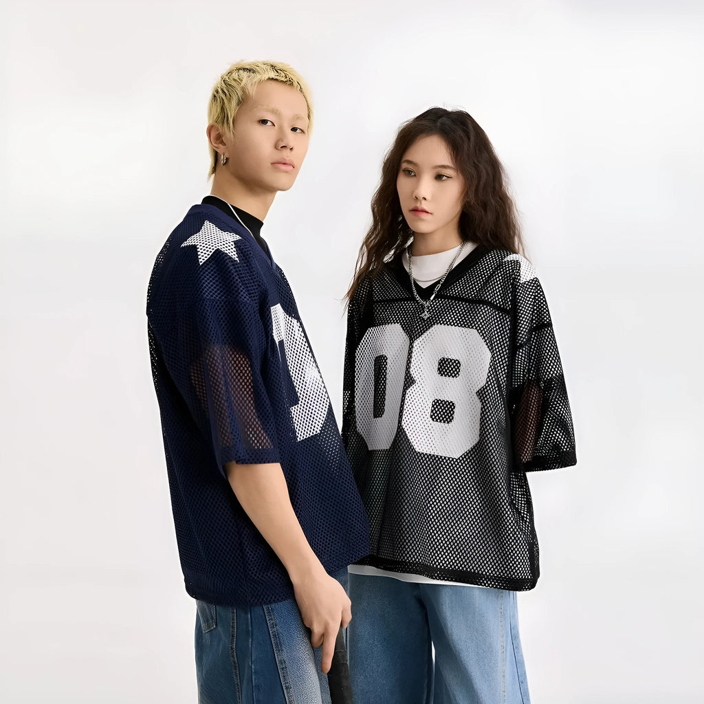 Loose fit half sleeve pullover shirt with letter print pattern in black or navy blue.