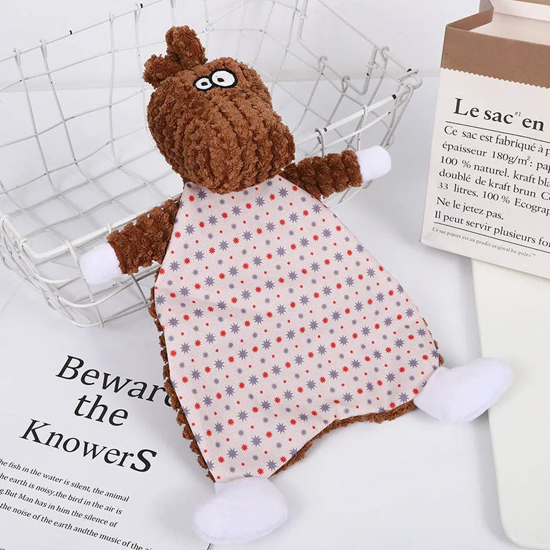 Brown velvet plush fox-shaped pet toy on a white background