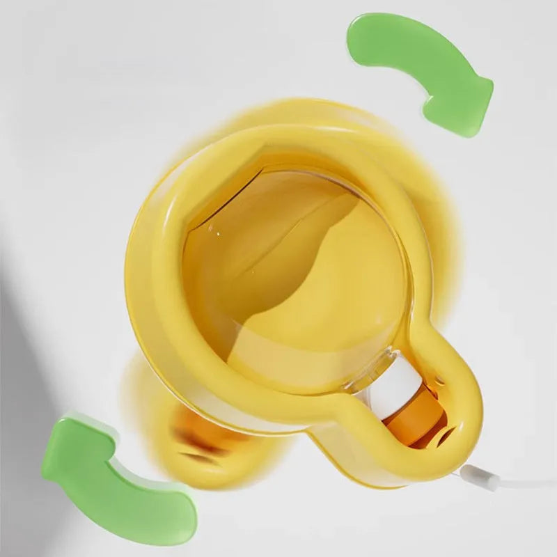 Green portable dog travel cup with pull-out drinking bowl and handle, shown with orange and yellow colour options.