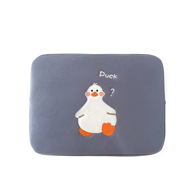 Blue cotton tablet case with embroidered duck design and zipper closure
