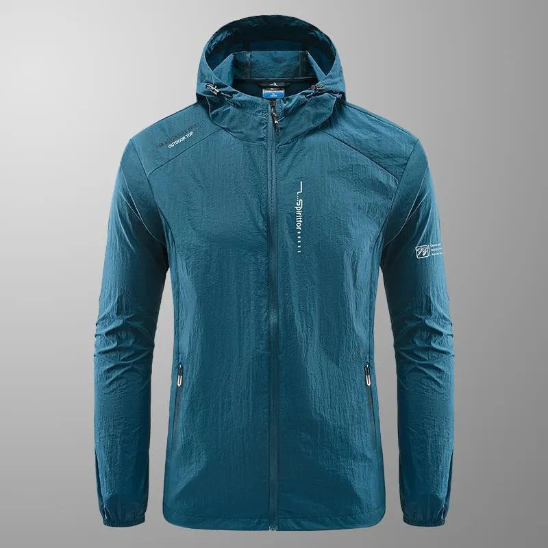 Men's light grey hooded summer jacket showing loose fit and nylon fabric texture