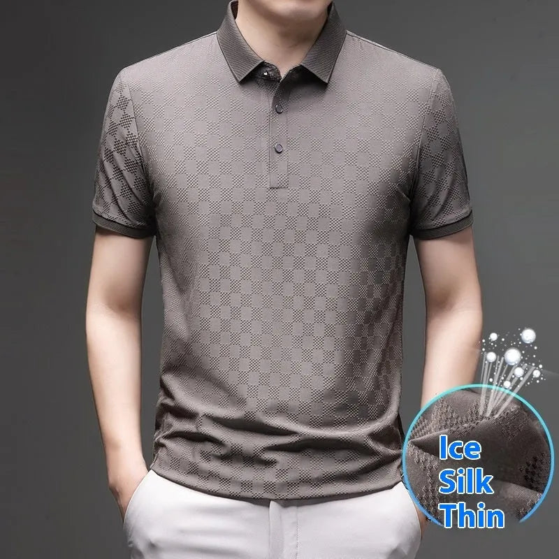 Rhombus pattern thin ice silk short sleeve T-shirt shown in black colour with a visible side slit design detail.