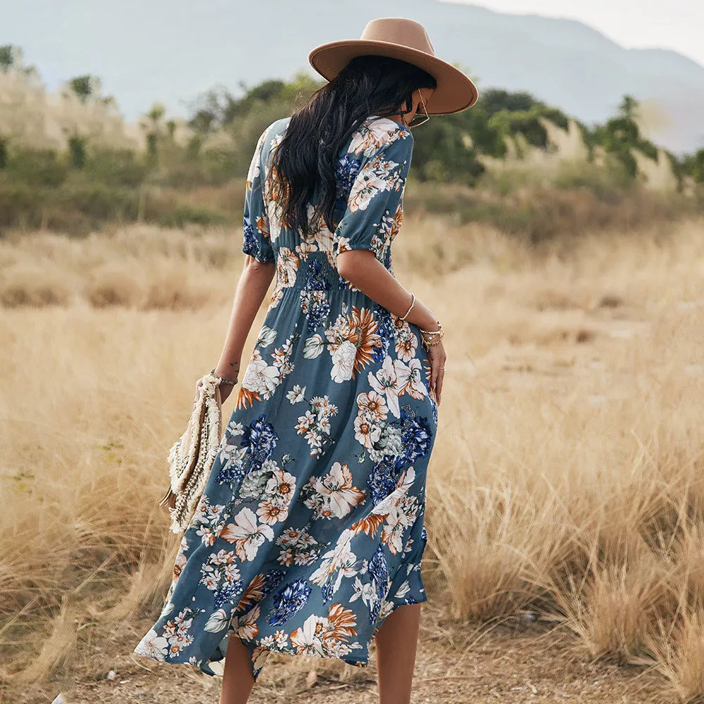 Women's floral print beach dress with v-neck and elastic waist in yellow colour