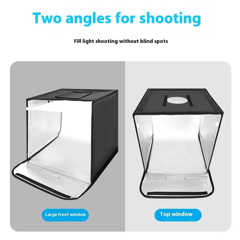 50cm foldable studio light box with three-colour LED lights and reflective cloth interior for product photography.