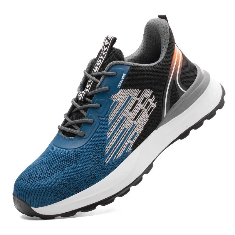Blue men's safety work shoes with plastic toe cap and breathable flyknit mesh upper