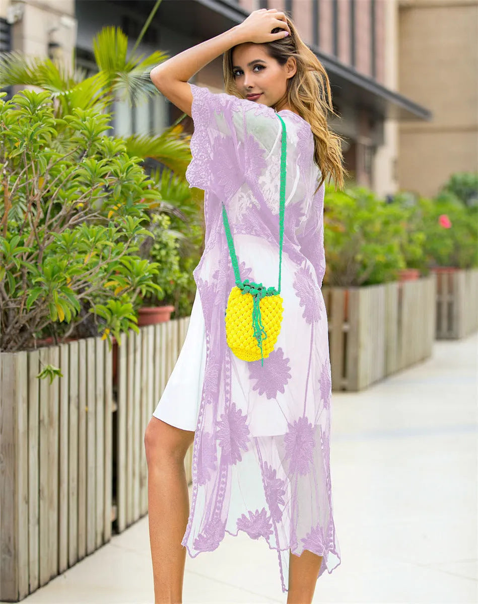 Light purple beach cardigan dress with lace embroidery detail for women's swim cover-up