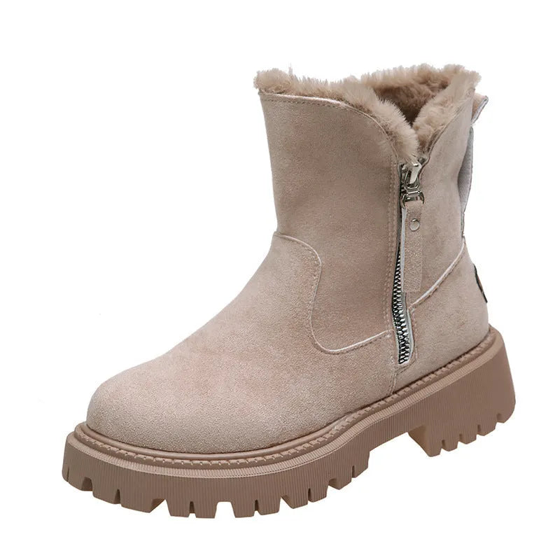Women's black thick plush high-top snow boots with a side zipper and non-slip sole.