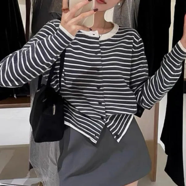 Women's French style slim fit striped cardigan coat with dark grey and white pattern, 40cm length