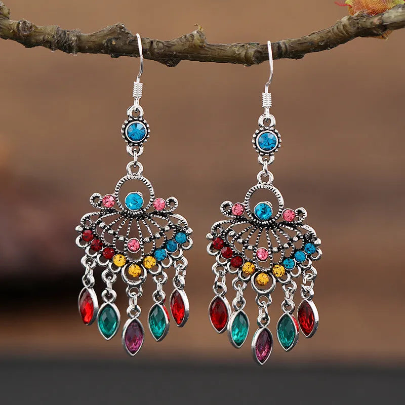 Purple retro ethnic style long fringe drop earrings with crystal details on alloy base