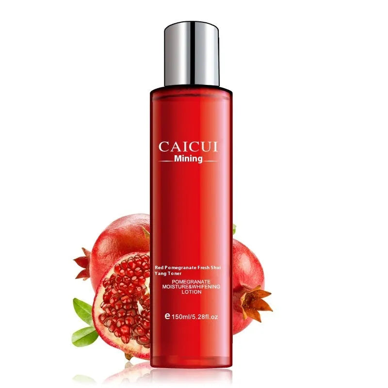 Pomegranate skin care set with four red packaged products: face wash, toner, lotion, and facial cream