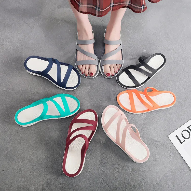 Women's casual beach sandals in PP material showing colour options: red, purple, blue, black, grey, and pink