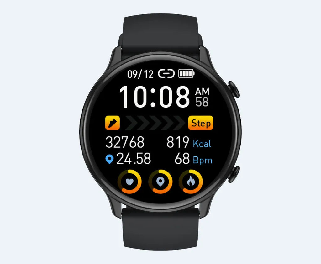 Round touch screen smart sports watch with silicone strap showing heart rate monitoring display.