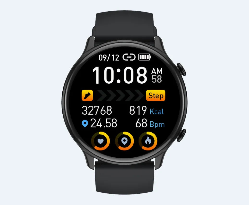 Round touch screen smart sports watch with silicone strap showing heart rate monitoring display.