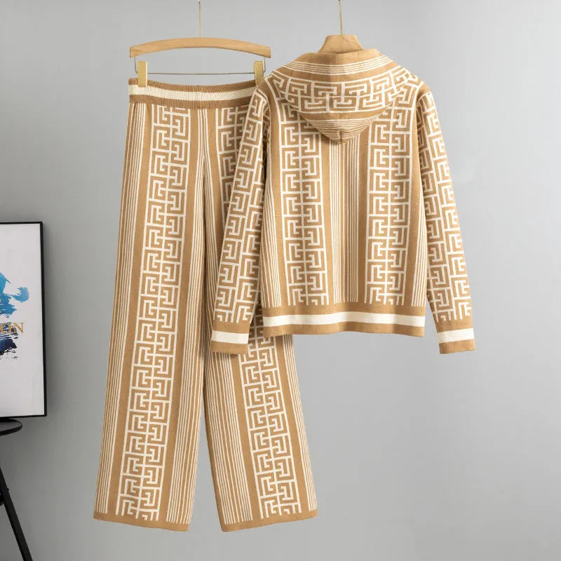 Women's hooded knitted sweater and wide leg pants suit in viscose fibre with letter pattern, shown in khaki, black, rose red or brown.