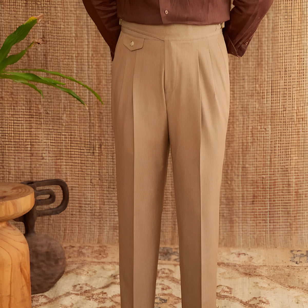 Men's slim fit straight leg trousers in wrinkle resistant polyester for business casual wear