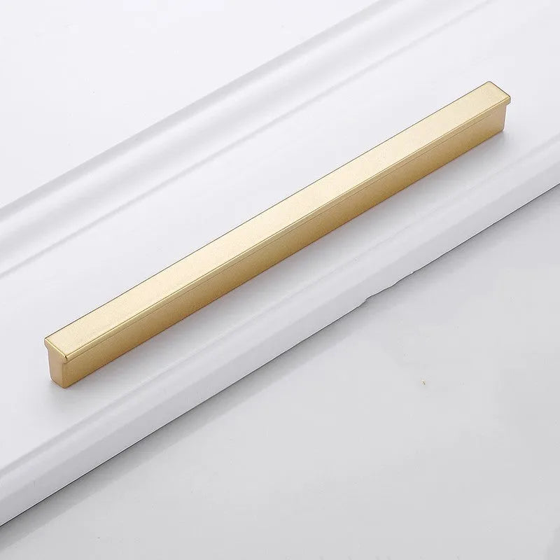 Gold aluminium T-shape cabinet door handle showing three hole distance options