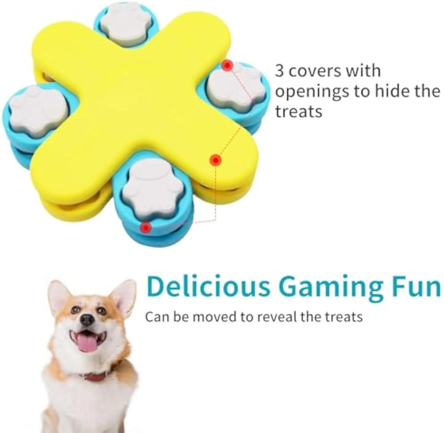 Yellow dog puzzle feeder toy with three rotating layers and claw-shaped lids