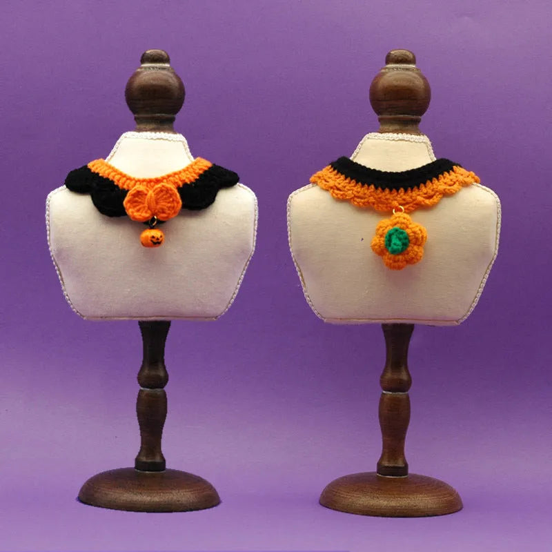 Hand-crocheted wool pet collar with pumpkin design in adjustable sizes for Halloween costumes