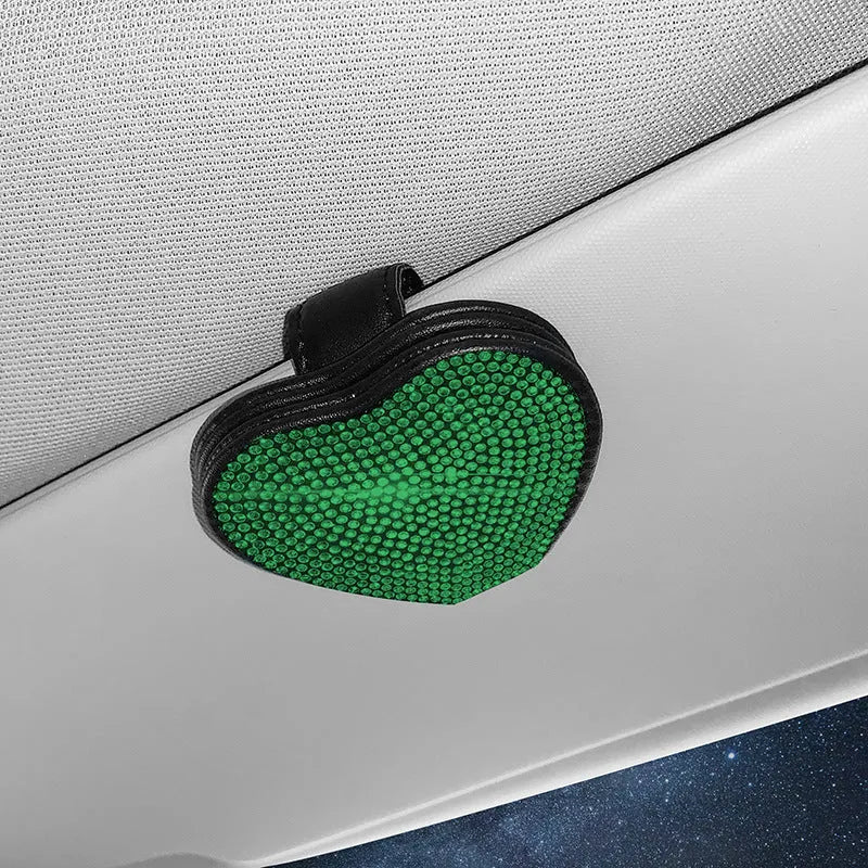 PU leather car sun visor clip with diamond accents and magnetic closure measuring 8.0cm by 7.3cm