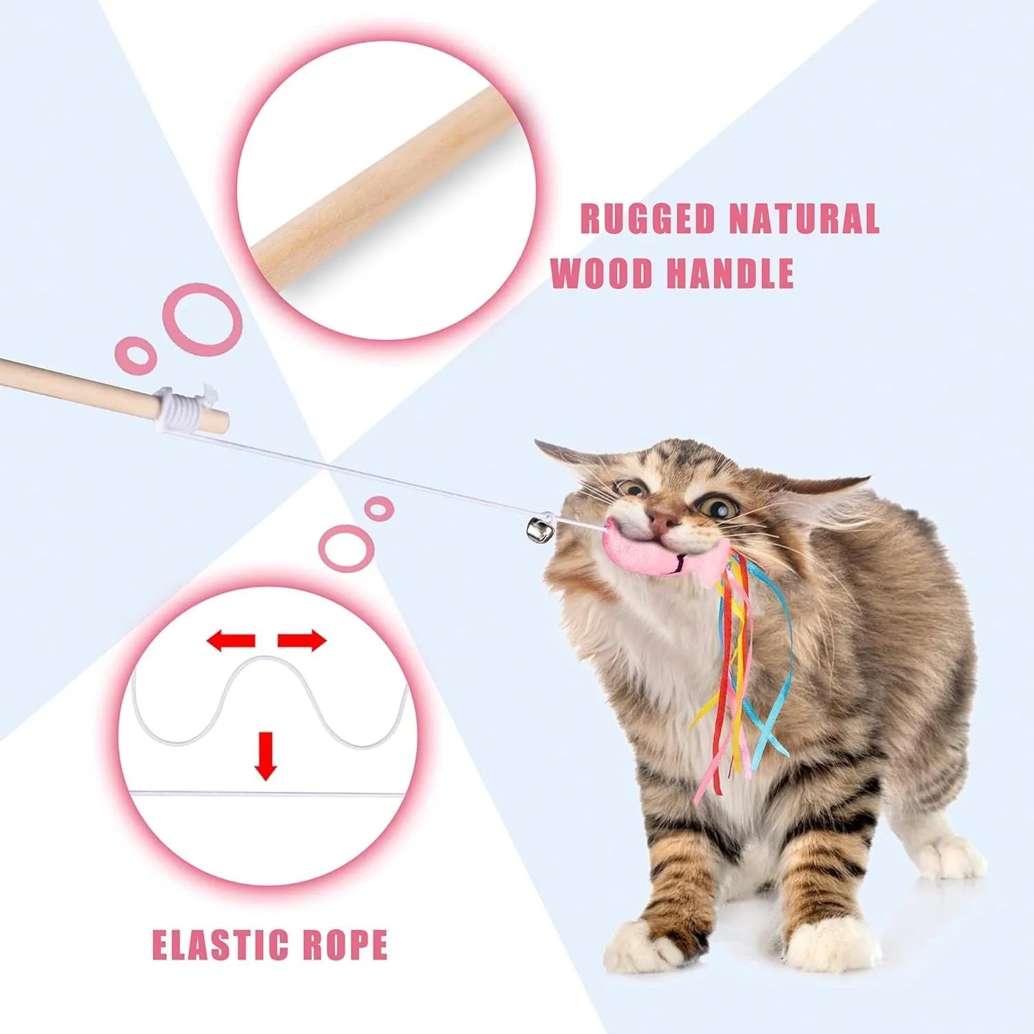 Wooden handle cat wand toy with catnip fish, colourful ribbons, and a bell for interactive play.