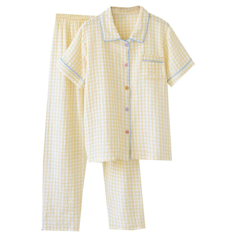 Women's washed cotton double-layer gauze short-sleeved trousers set in a loose, casual style.