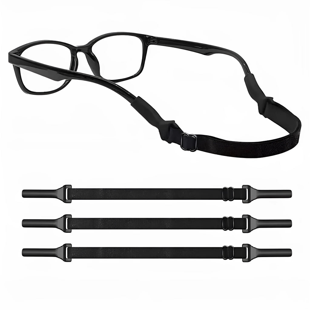Black adjustable glasses cord strap with silicone earpieces for securing eyewear