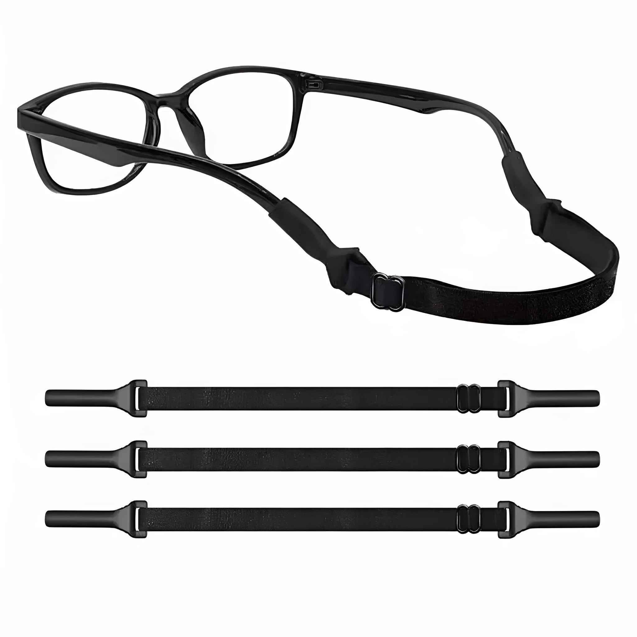Black adjustable glasses cord strap with silicone earpieces for securing eyewear