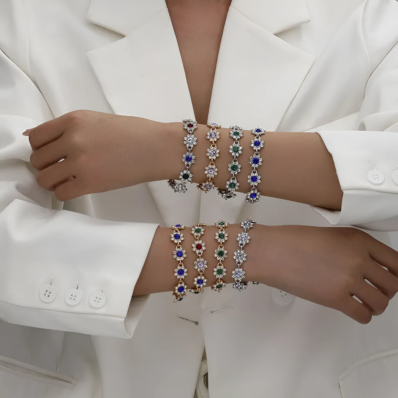 Flower charm bracelet in zinc alloy with electroplated finish and colourful crystal accents
