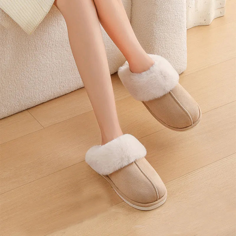 Pair of plush-lined indoor slippers with a flat PVC anti-slip sole, shown in a choice of colours.