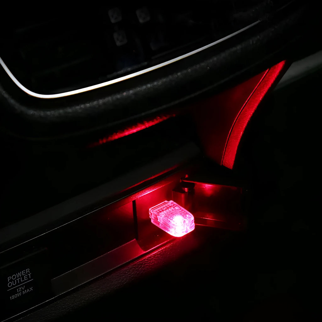 Atmosphere Car USB Light showing multi-function control with touch switch and RGB voice control for vehicle interior.