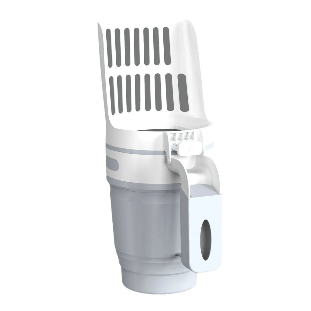 Grey widen cat litter scoop with attached waste bin and foldable bottom, shown with refill bags.