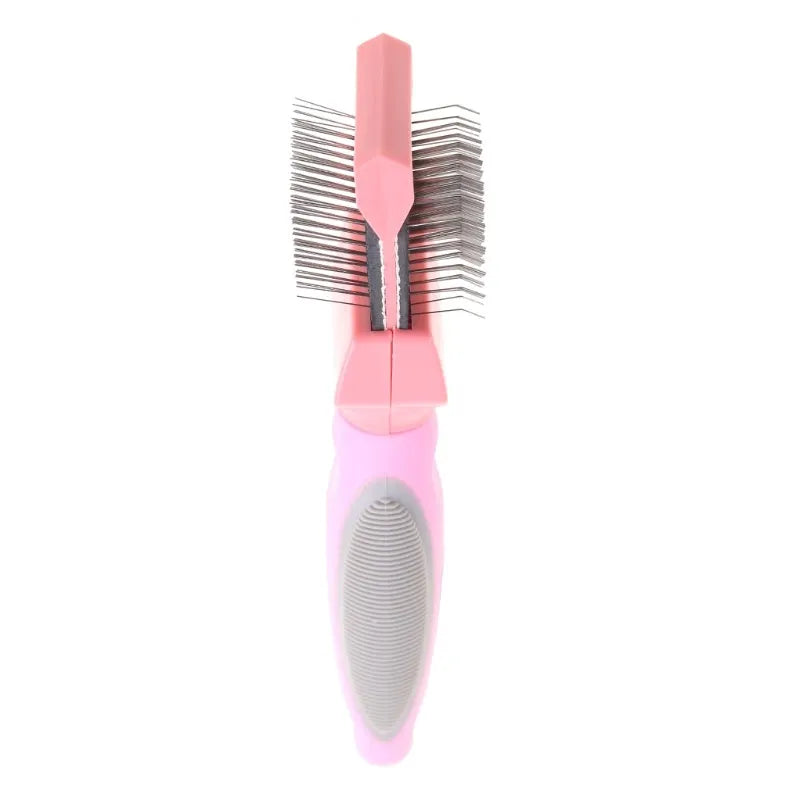 Double-sided pet grooming brush with stainless steel pins in blue or pink, showing ergonomic handle and pin details