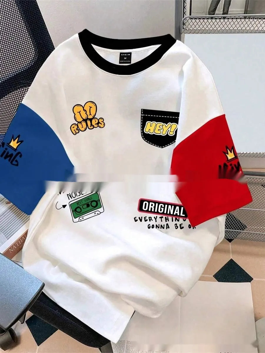 Men's loose fit casual T-shirt with digital printed letter pattern, short sleeves