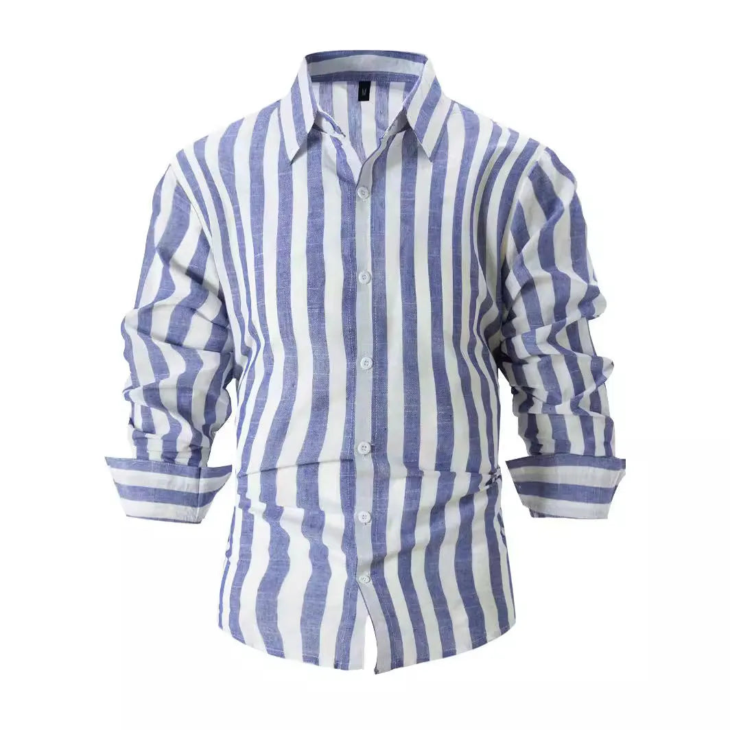Men's yarn-dyed striped casual shirt loose fit long sleeve British style cardigan polyester