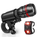 Bicycle headlight and red taillight set with a black mounting bracket on a white background.