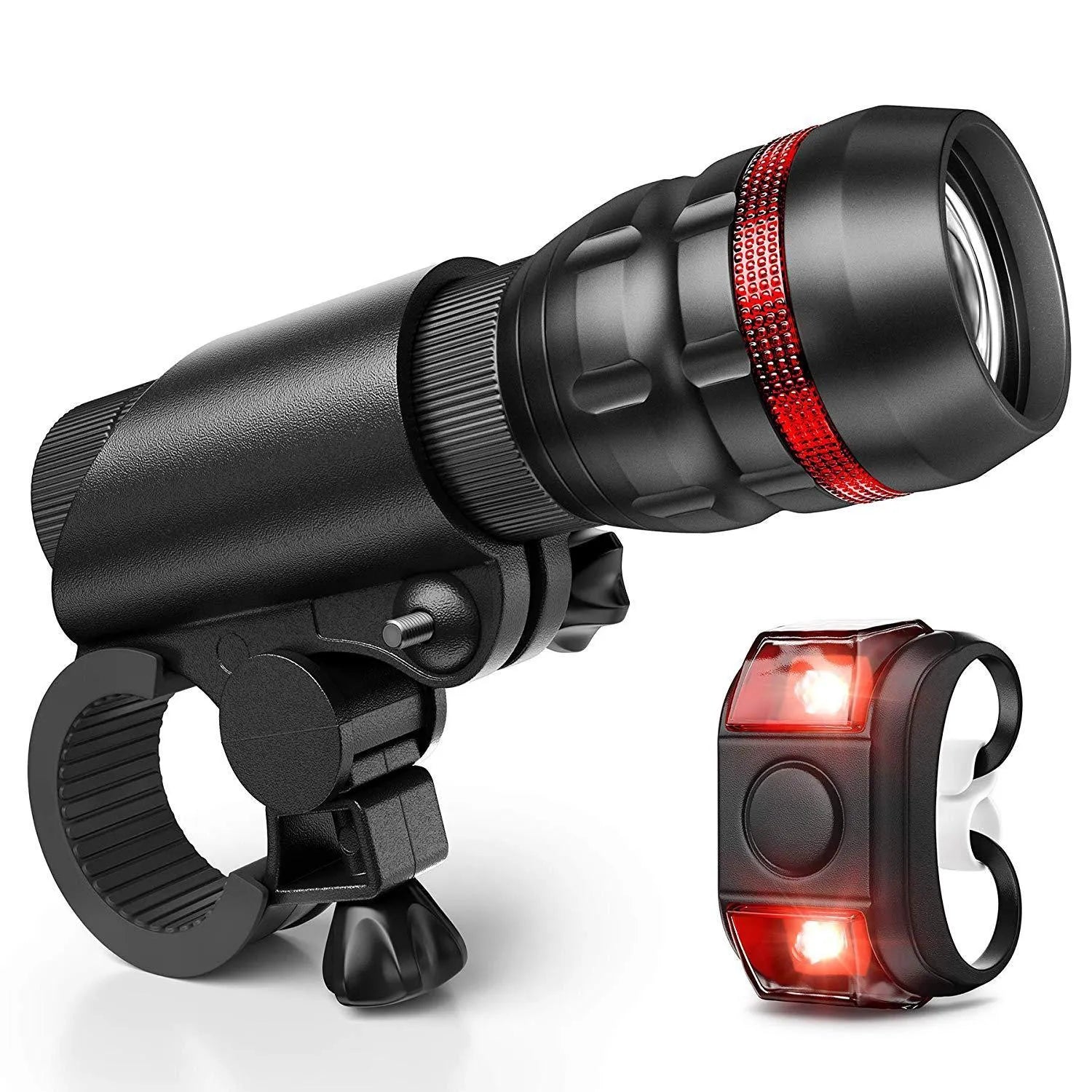 Bicycle headlight and red taillight set with a black mounting bracket on a white background.