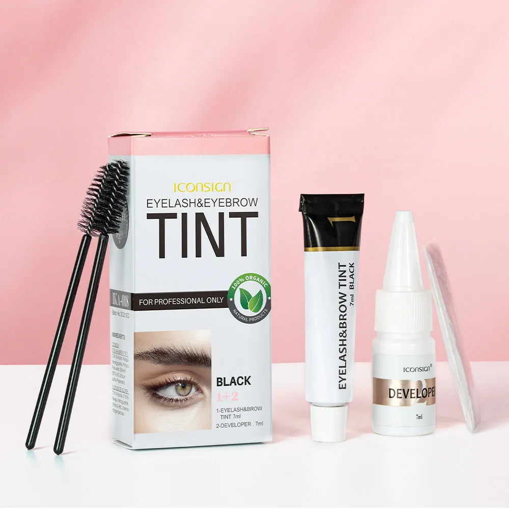 ICONSIGN eyelash and eyebrow tint kit with 5ml tint, 5ml developer, two brushes and gloves in black, coffee and brown