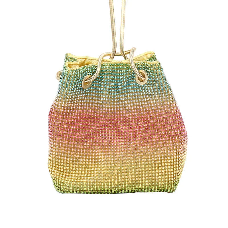 Rainbow colour rhinestone bucket bag with full crystal diamond coverage and soft construction