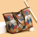 Women's blue brown PVC shoulder handbag with sandwich pockets and large capacity