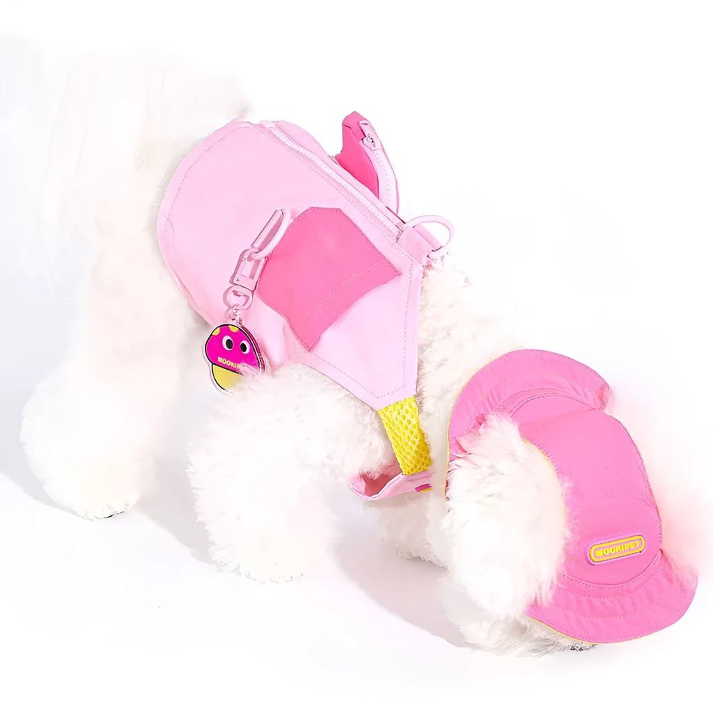 Pink polyester dog vest on a small white dog, showing casual style and fit.